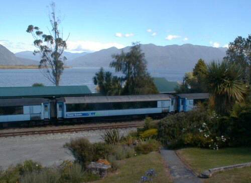 Tranz-Alpine train at Lake Brunner